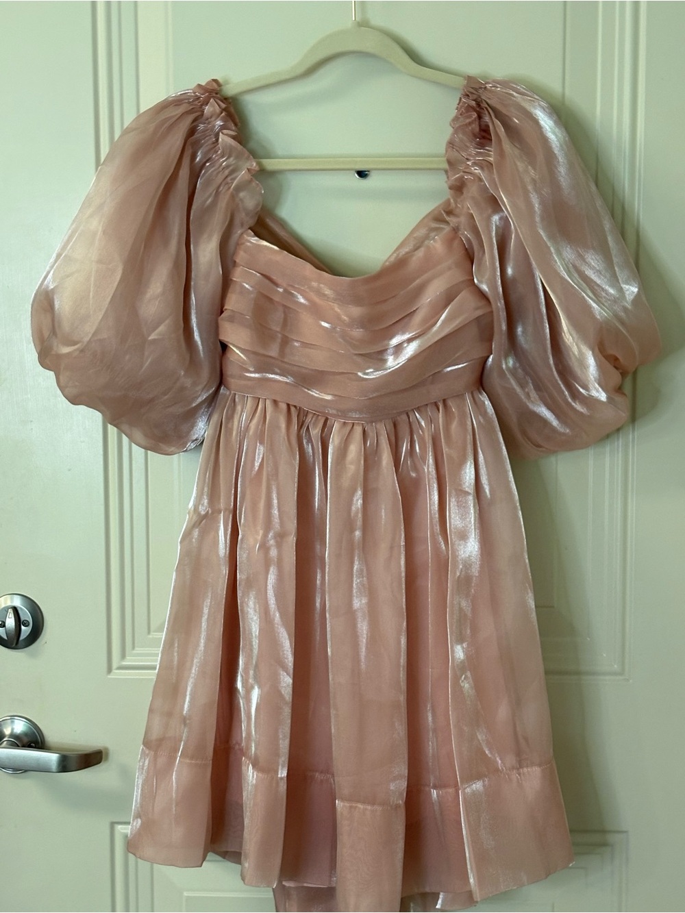 MABLE PINK / PEACH Sheer Puff-Sleeve Mini Dress W/ Open Bow Back SZ MED L/N